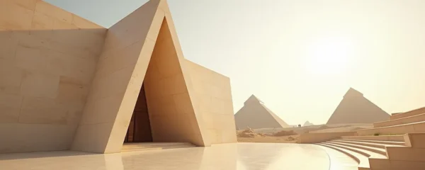 Vue panoramique du Grand Musée égyptien en façade de pierre claire, encadré par les pyramides de Gizeh en arrière-plan, architecture moderne face à l'héritage antique, lumière dorée du Caire