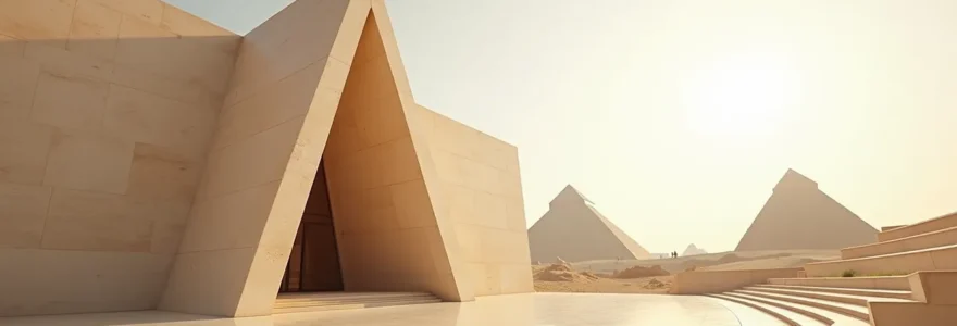 Vue panoramique du Grand Musée égyptien en façade de pierre claire, encadré par les pyramides de Gizeh en arrière-plan, architecture moderne face à l'héritage antique, lumière dorée du Caire