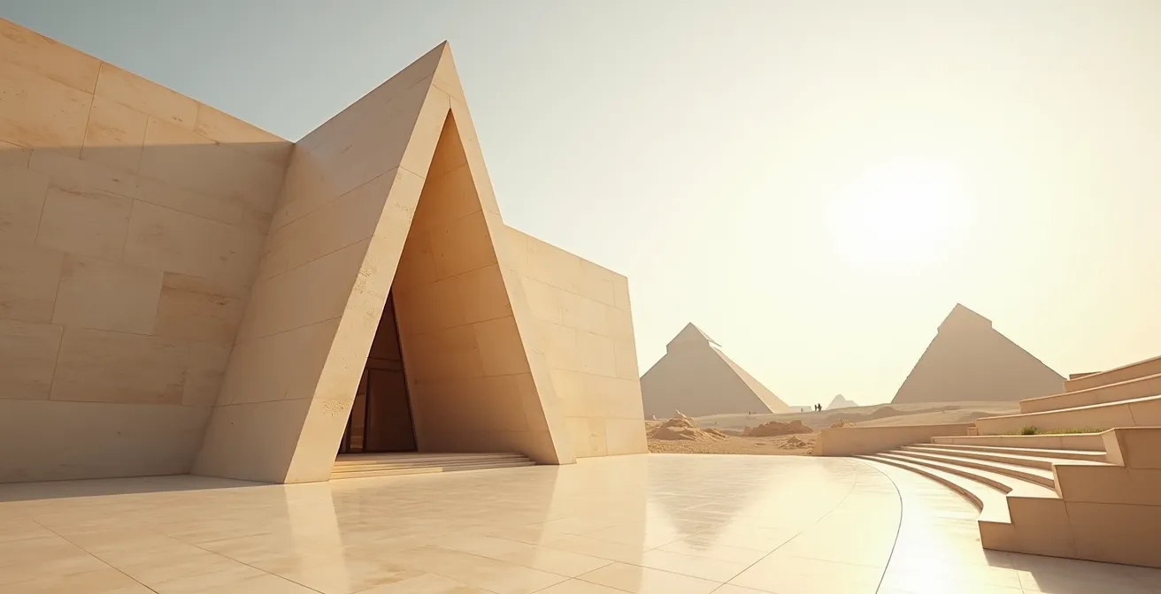 Vue panoramique du Grand Musée égyptien en façade de pierre claire, encadré par les pyramides de Gizeh en arrière-plan, architecture moderne face à l'héritage antique, lumière dorée du Caire