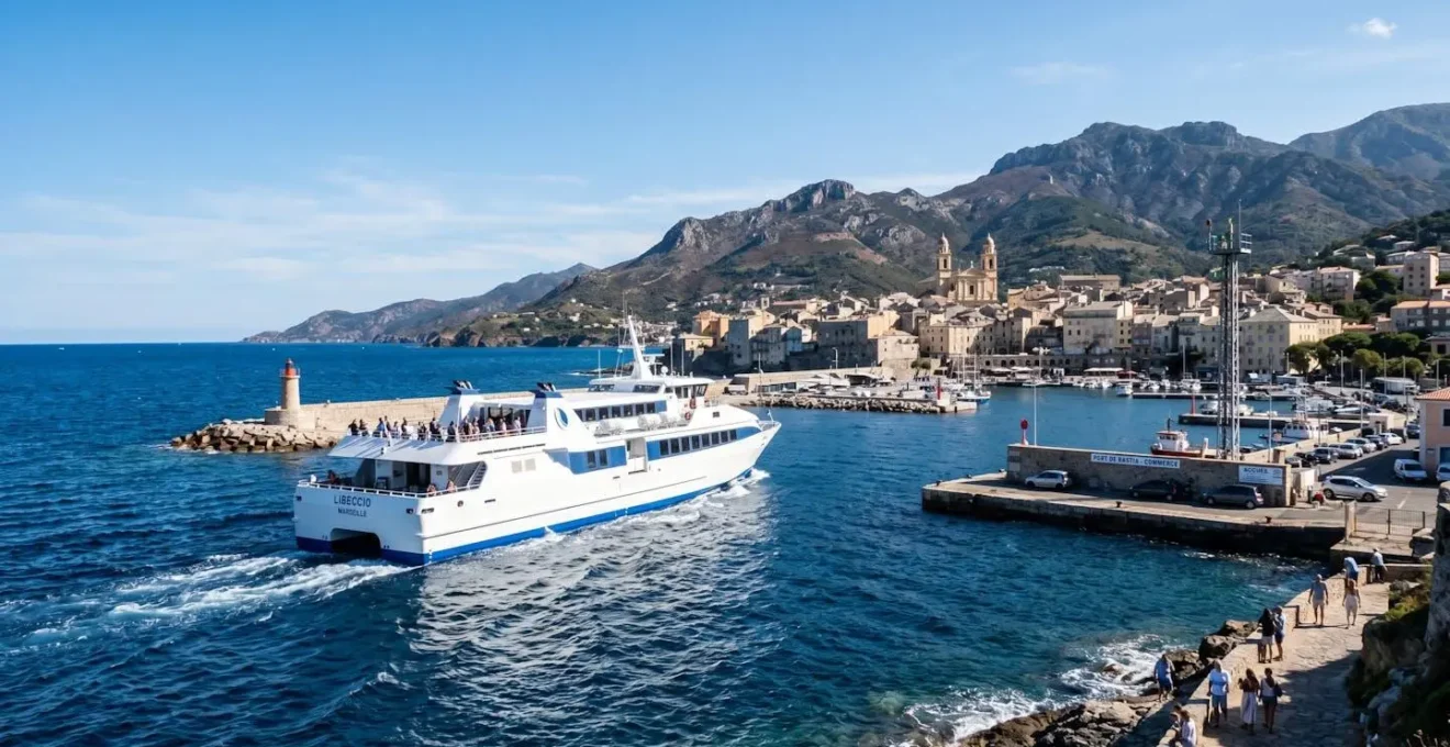 Un ferry blanc moderne naviguant sur une mer Méditerranée bleu profond sous un ciel ensoleillé, en approche d'un port corse