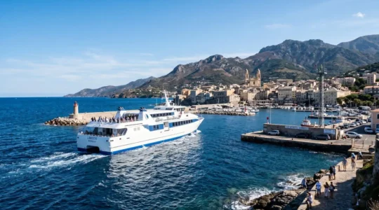 Un ferry blanc moderne naviguant sur une mer Méditerranée bleu profond sous un ciel ensoleillé, en approche d'un port corse