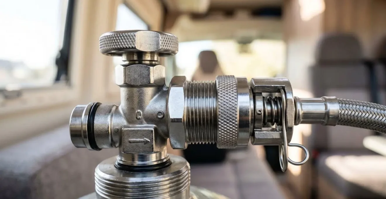 Gros plan sur un robinet chromé de bouteille de gaz avec raccord de sécurité, arrière-plan flouté montrant l'intérieur d'un van