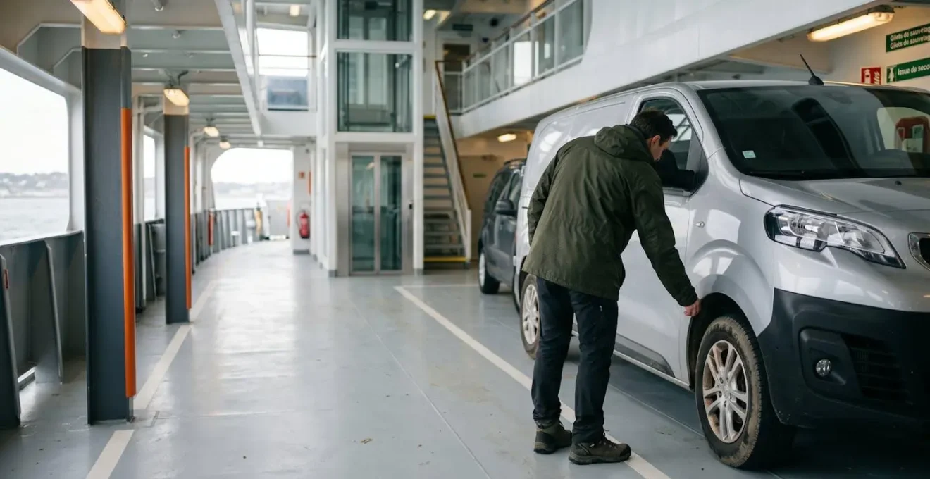 Un voyageur vu de dos inspecte l'arrimage de son van blanc garé sur le pont garage éclairé d'un ferry moderne