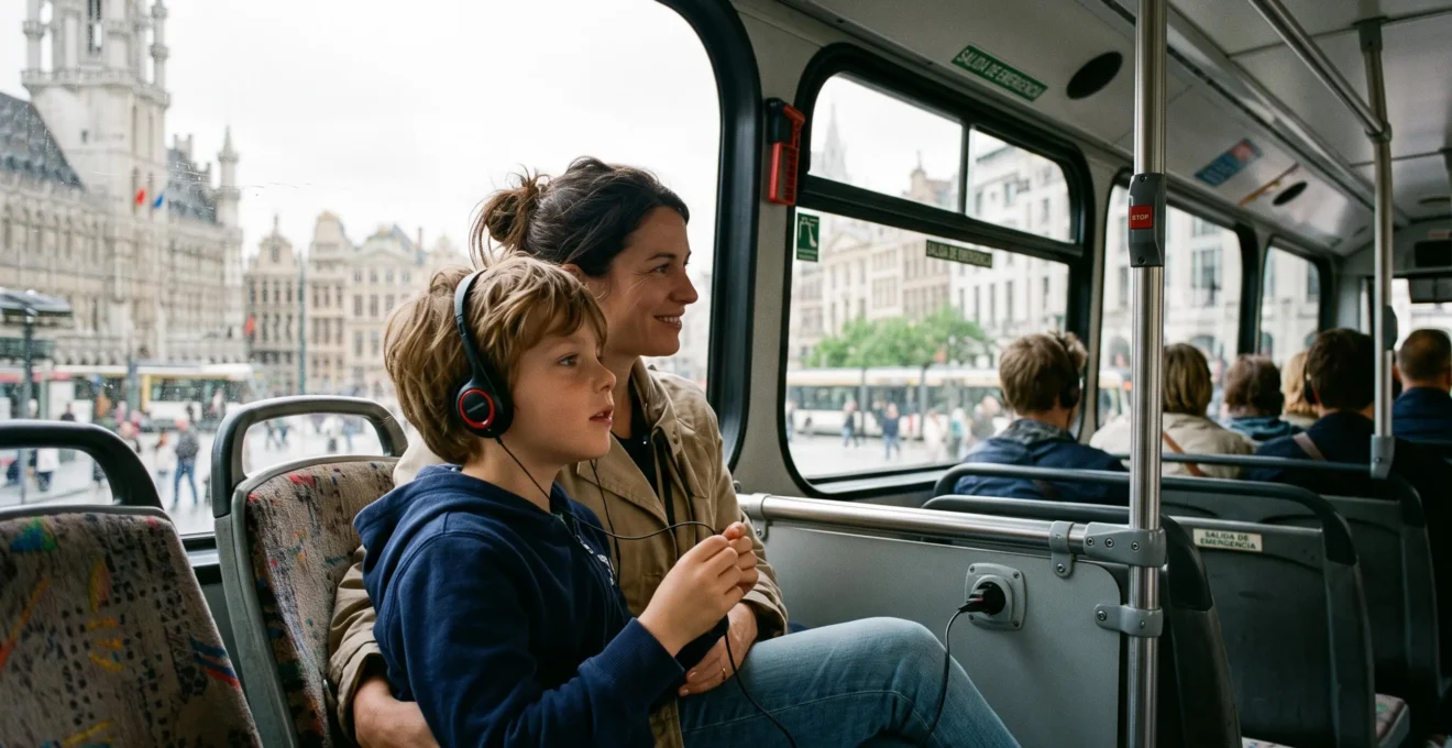 Enfant utilisant un audioguide dans un bus touristique à Bruxelles