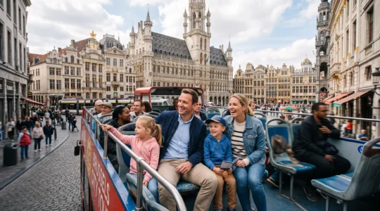 Famille observant Bruxelles depuis un bus touristique à impériale